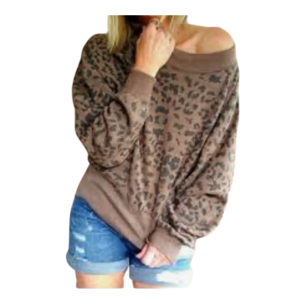 1914. OCEAN DRIVE LONG SLEEVE CROPPED SWEATER BROWN/BLACK LEOPARD PRINT SIZE MED